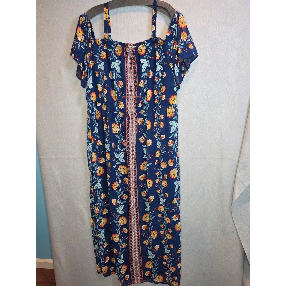 Lily Star Navy Blue Floral Cold Shoulder Maxi Dress 3X Boho 1704495C49X